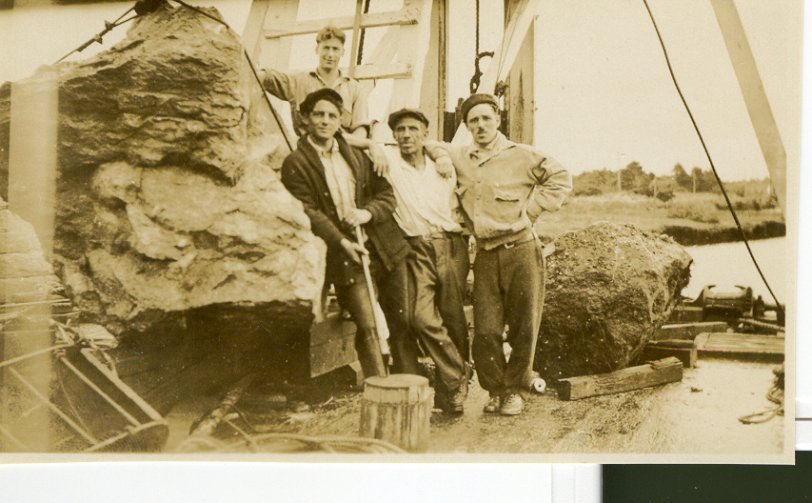 This picture was taken in the 1930's of the men working on the Cape Cod Canal. My uncle Carl was one of them. He is standing in the back.
